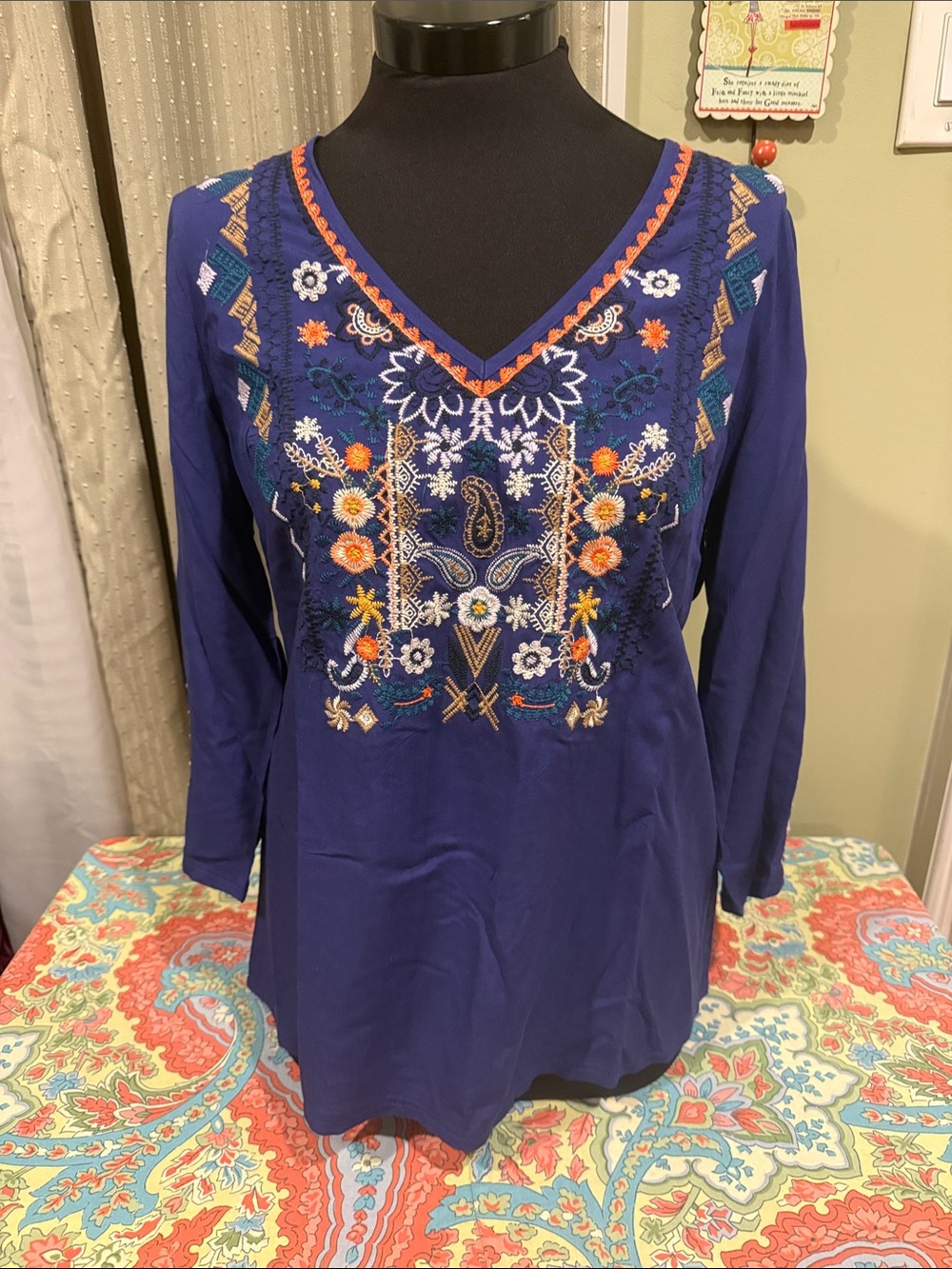 Solitaire Royal Blue Embroidered V-Neck Tunic